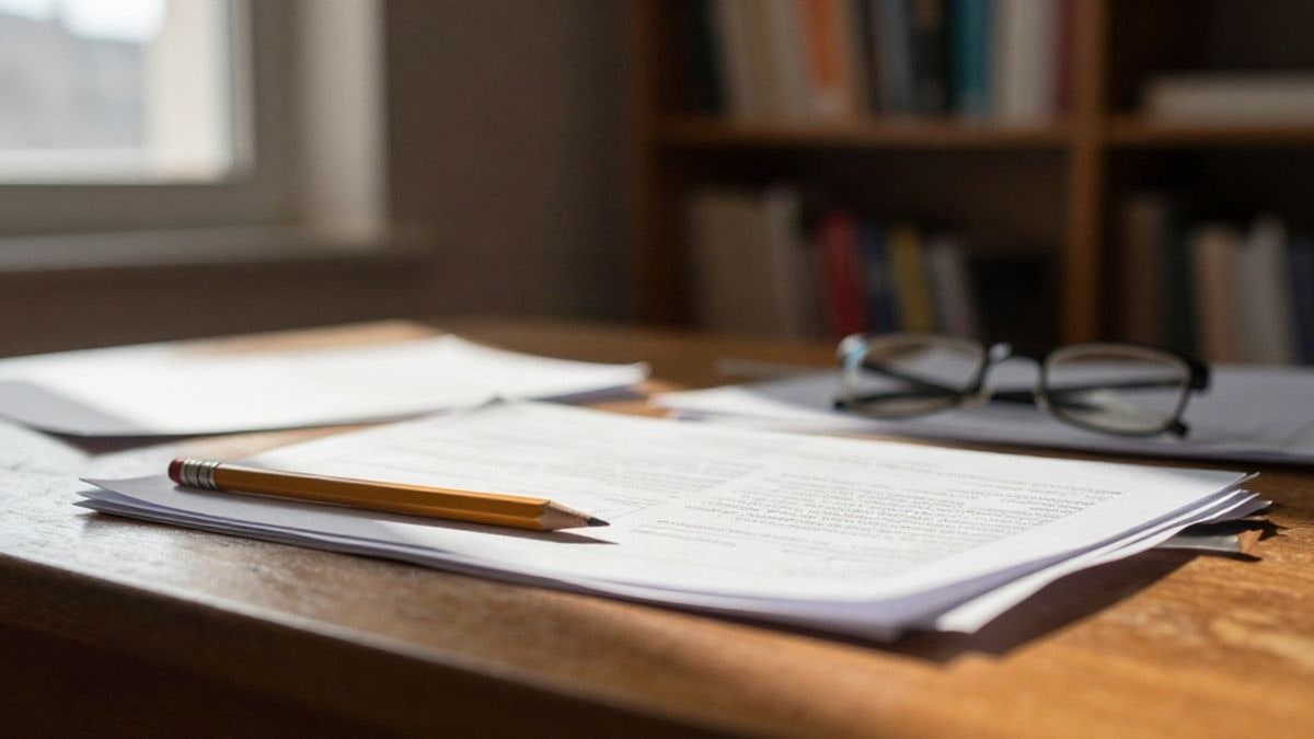 Imagen ilustrativa: detalle de un escritorio de madera con documentos y gafas bajo luz natural