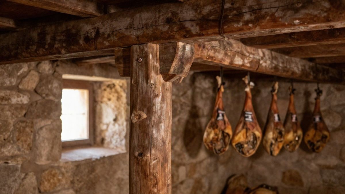 Imagen ilustrativa: detalle de vigas de madera y muros de piedra en una bodega tradicional de curación, con jamones colgados al fondo desenfocados