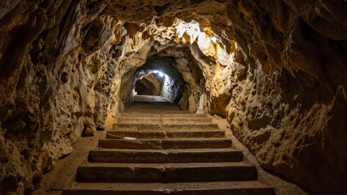 Imagen ilustrativa: escalera de piedra que desciende a una cueva iluminada con focos cálidos