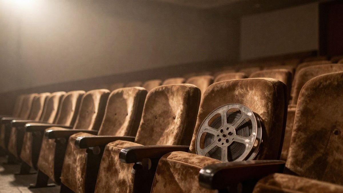 Imagen ilustrativa: butaca de terciopelo gastada en una sala de cine antigua, con una bobina de película sobre el reposabrazos
