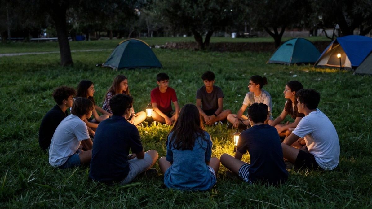 Imagen ilustrativa: jóvenes de espaldas en un campamento al atardecer, con tiendas de campaña y luz artificial.