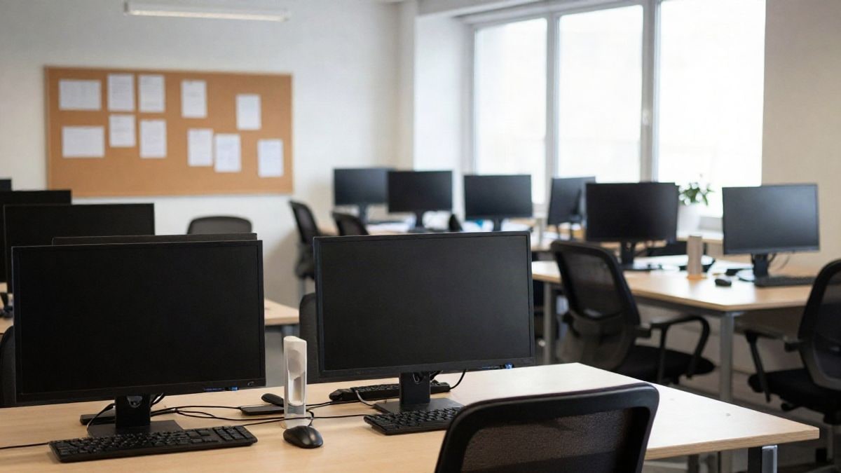 Imagen ilustrativa: interior de una oficina de empleo con escritorios y ordenadores vacíos
