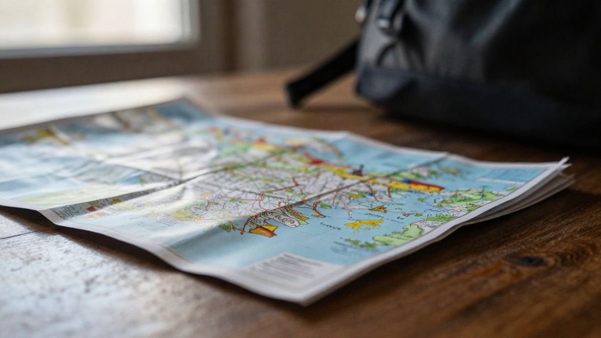 Imagen ilustrativa: primer plano de un mapa de papel doblado y la correa de una mochila sobre una mesa de madera