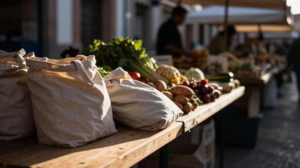 Imagen ilustrativa: puesto de mercado de madera con bolsas de tela y productos frescos al contraluz del atardecer
