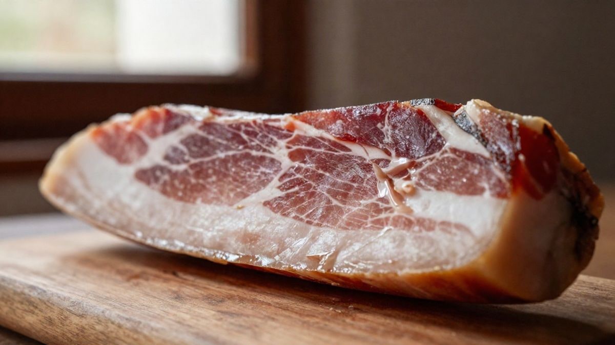 Imagen ilustrativa: loncha de jamón ibérico con vetas de grasa sobre una tabla de madera a la luz natural