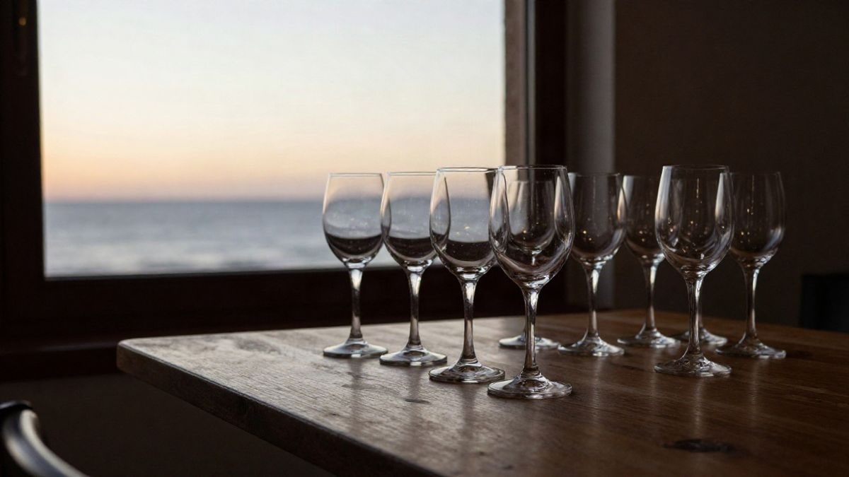 Imagen ilustrativa: copas de vino vacías sobre una mesa de madera al contraluz del atardecer, con el mar desenfocado al fondo