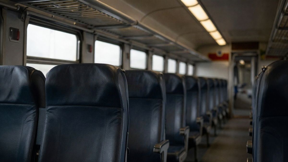Imagen ilustrativa: interior vacío de un vagón de tren con asientos y portaequipajes, iluminado por la luz de una ventana lateral