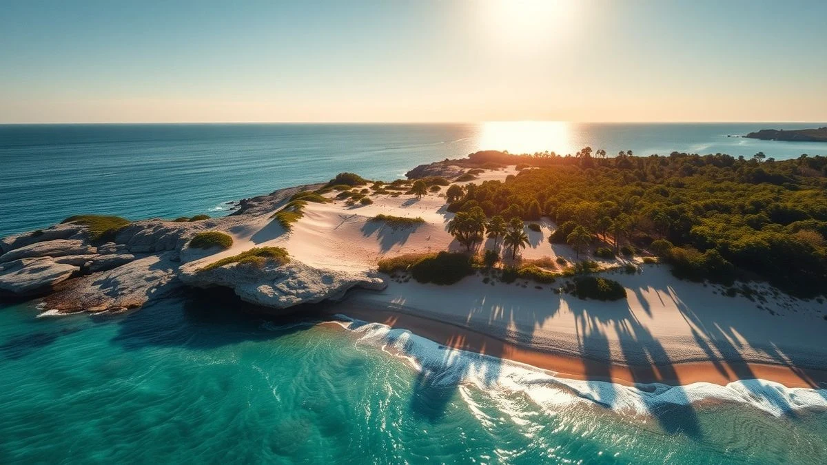 Imagen ilustrativa: vista aérea de una playa con dunas y pinar, mar turquesa y cielo despejado