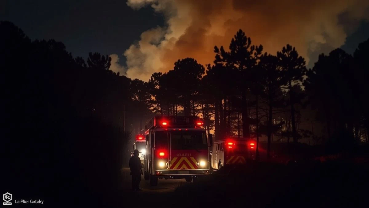 Imagen ilustrativa: un incendio forestal nocturno con bomberos y camiones trabajando entre las llamas y el humo en un pinar
