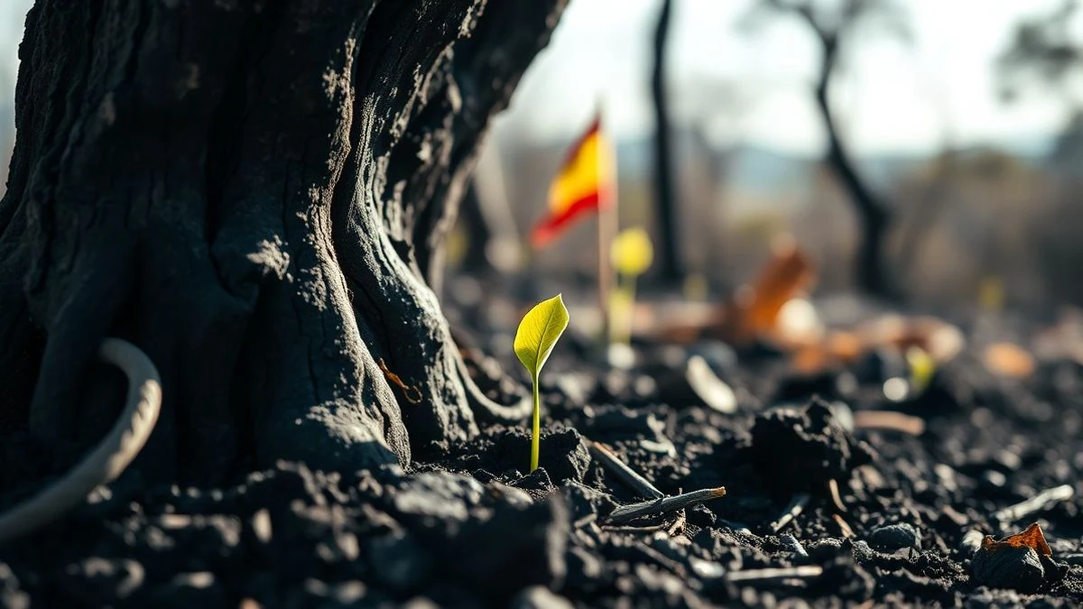 Primer plano de corteza de árbol carbonizada y suelo cubierto de ceniza con un brote verde emergiendo
