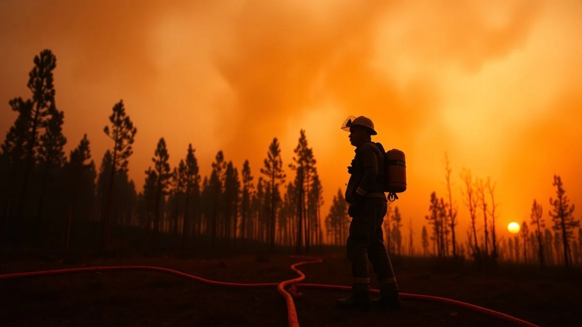 Imagen ilustrativa: un incendio forestal en una zona de monte bajo al amanecer, con el cielo anaranjado y una línea de fuego en el horizonte, sin personas identificables.
