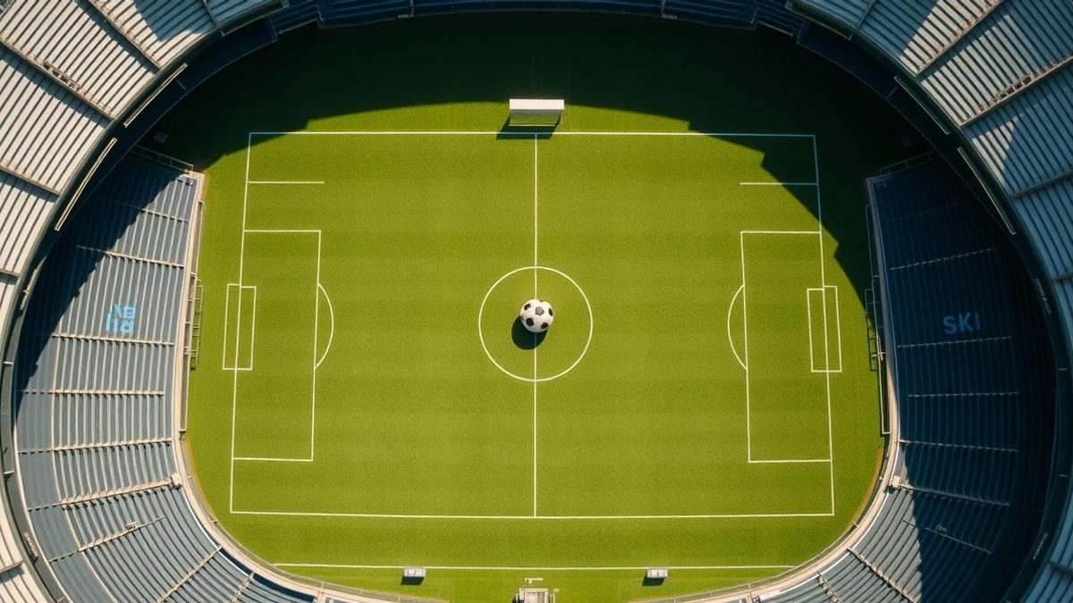 Vista cenital de un estadio de fútbol vacío con un balón en el centro del campo