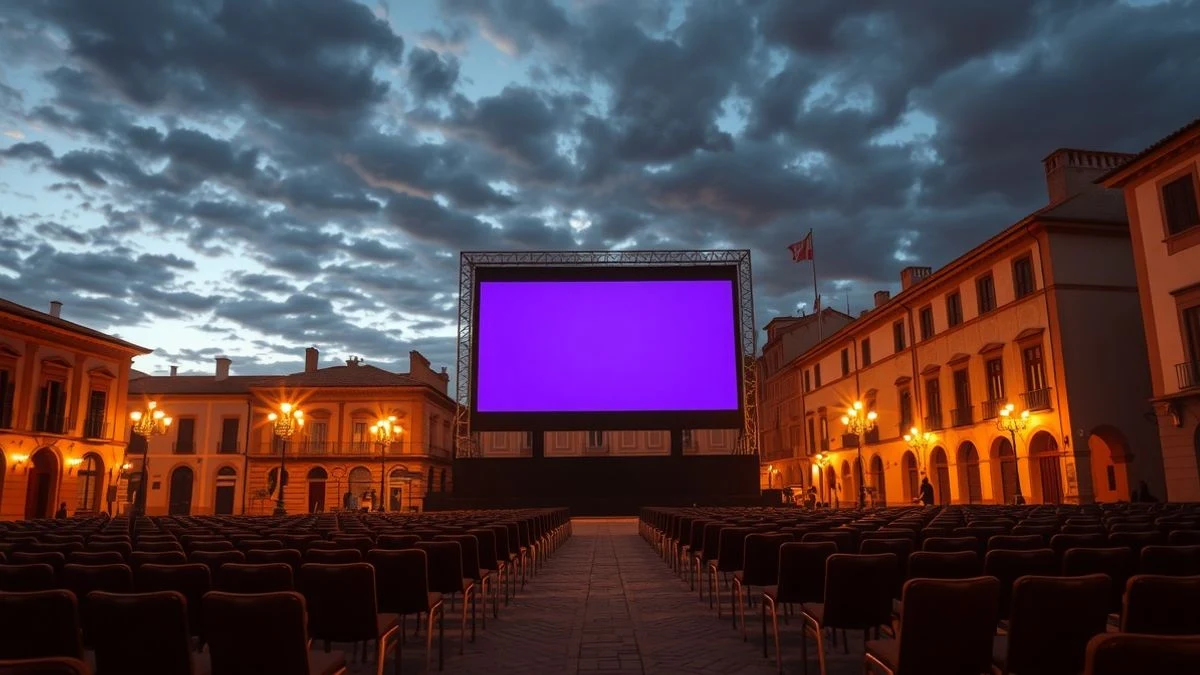 Pantalla gigante al aire libre en una plaza de un pueblo onubense al atardecer, con sillas vacías y calles empedradas convergentes
