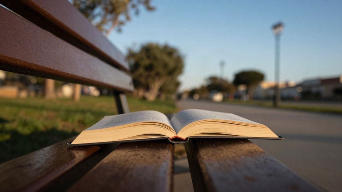 Imagen ilustrativa: libro abierto sobre un banco de madera en una vía verde con cielo despejado