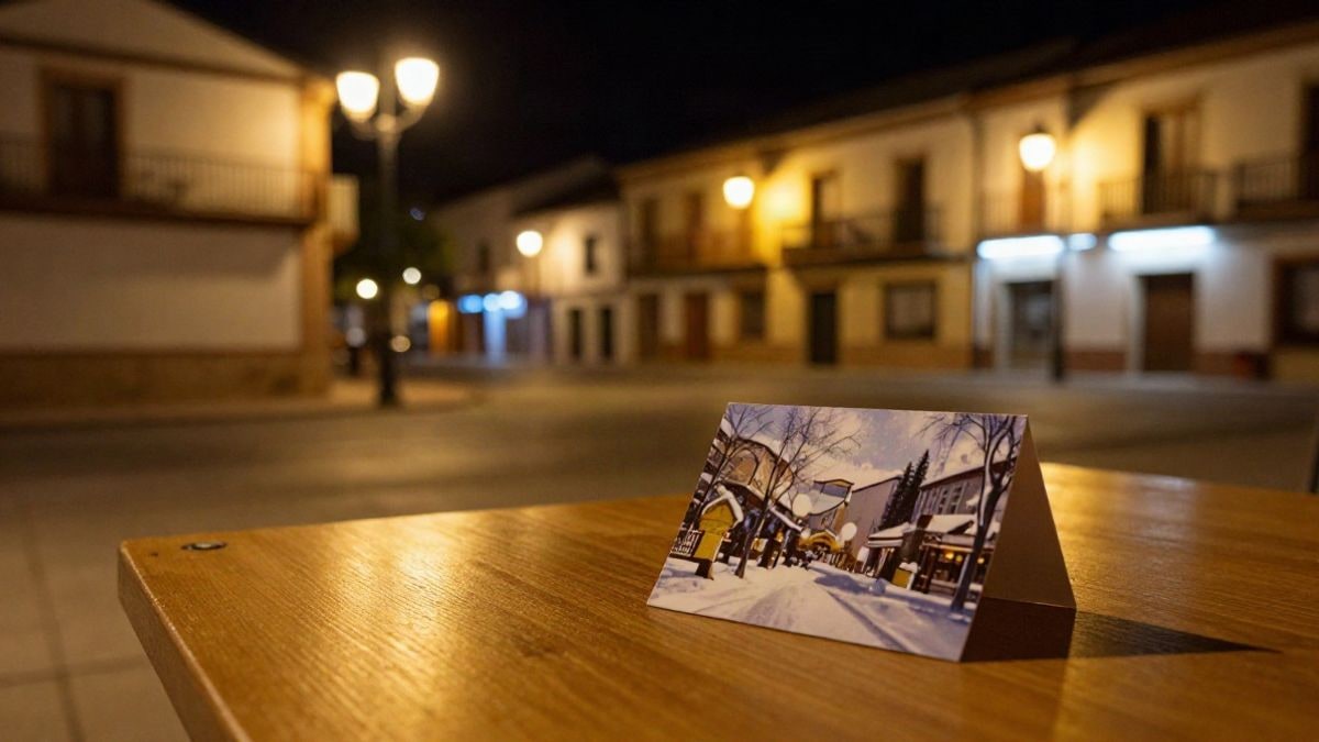 Imagen ilustrativa: una tarjeta navideña doblada sobre una mesa de madera, iluminada por una lámpara cálida en una escena nocturna
