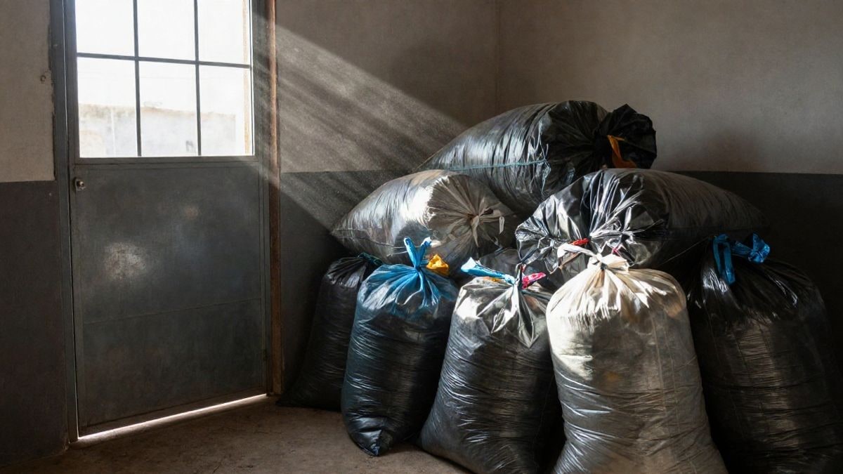 Imagen ilustrativa: bolsas de basura apiladas junto a una puerta metálica, con luz de ventana lateral