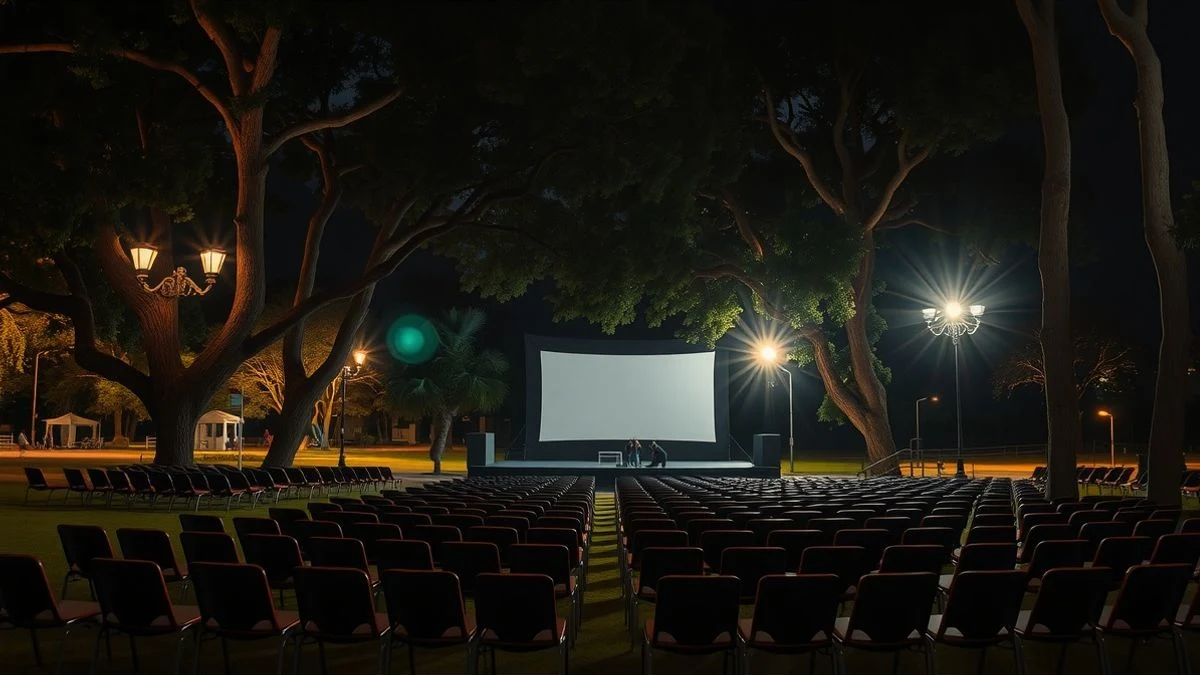 Auditorio al aire libre de noche con pantalla de cine y sillas vacías en un parque