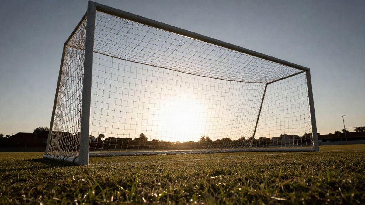 Imagen ilustrativa: red de una portería de fútbol vista desde el suelo con el cielo del atardecer de fondo