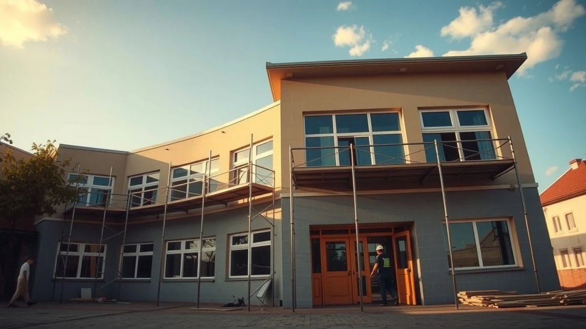 Fachada de un instituto en obras con andamios y nuevas ventanas, bajo un cielo azul