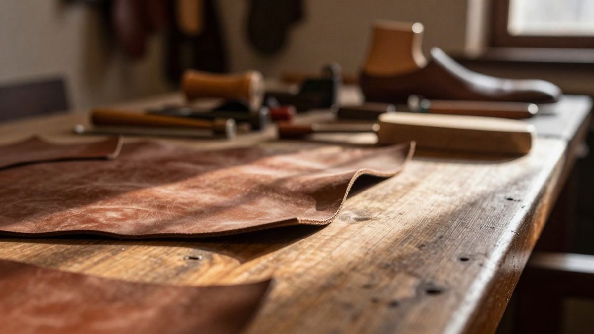 Imagen ilustrativa: banco de trabajo de zapatería artesana con piezas de cuero y hormas de madera al atardecer
