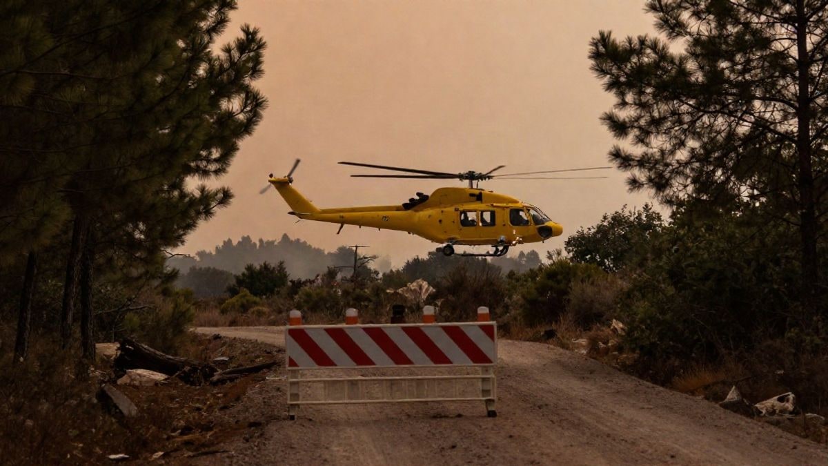Imagen ilustrativa: helicóptero de extinción sobrevolando una zona forestal al atardecer