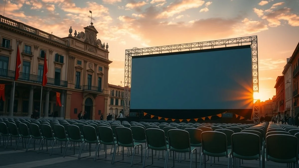 Pantalla gigante en una plaza de Huelva al atardecer, con sillas vacías y guirnaldas rojigualdas