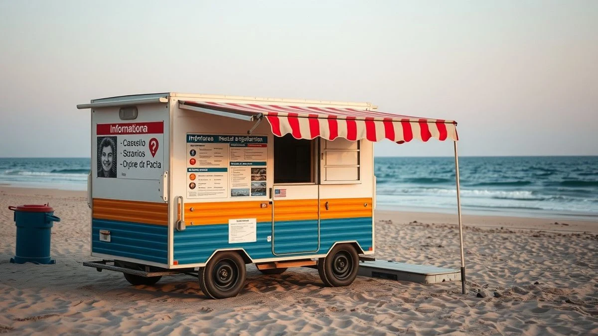 Imagen ilustrativa: caravana informativa en una playa con carteles de prevención solar, junto al mar en un día soleado.