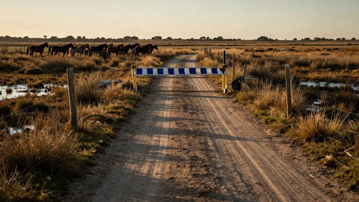 Imagen ilustrativa: una barrera policial en un camino de tierra con caballos al fondo en una marisma