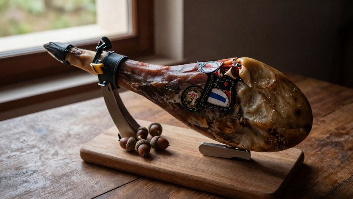 Imagen ilustrativa: vista cenital de una pata de jamón curado sobre una tabla de madera junto a un montón de bellotas.