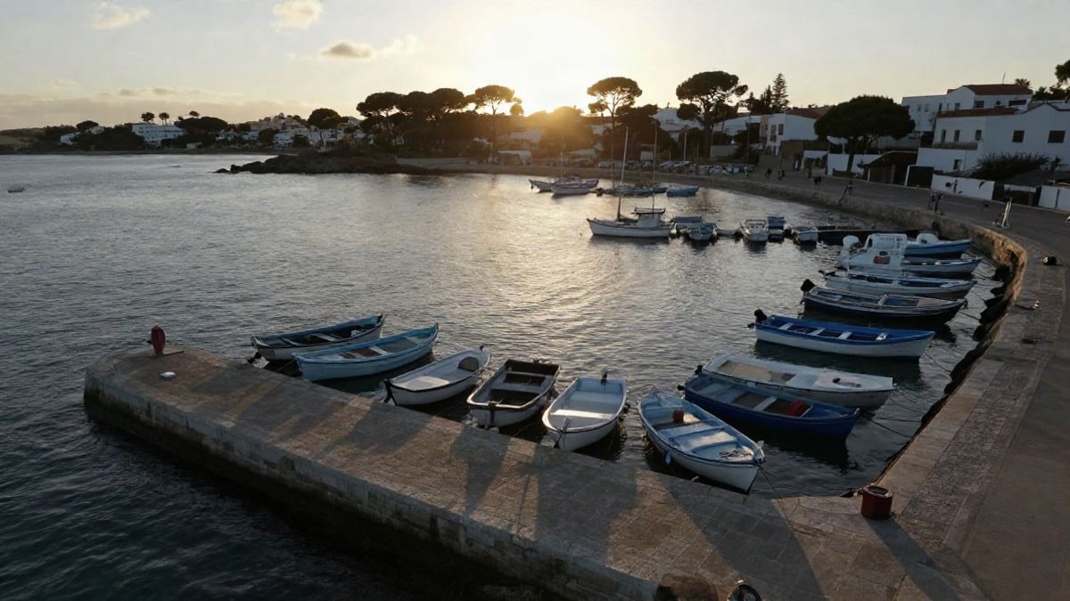 Imagen ilustrativa: vista cenital de un puerto pesquero con barcos amarrados al atardecer
