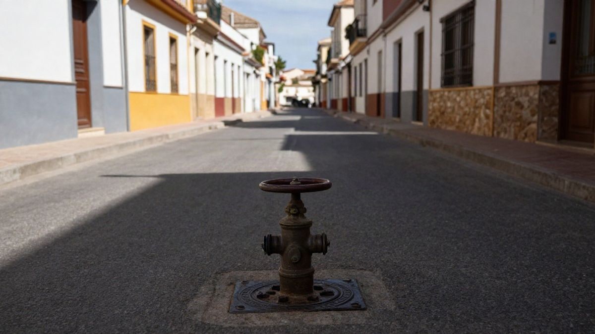Imagen ilustrativa: calle residencial vacía de un municipio andaluz con una tapa de registro de agua en el asfalto