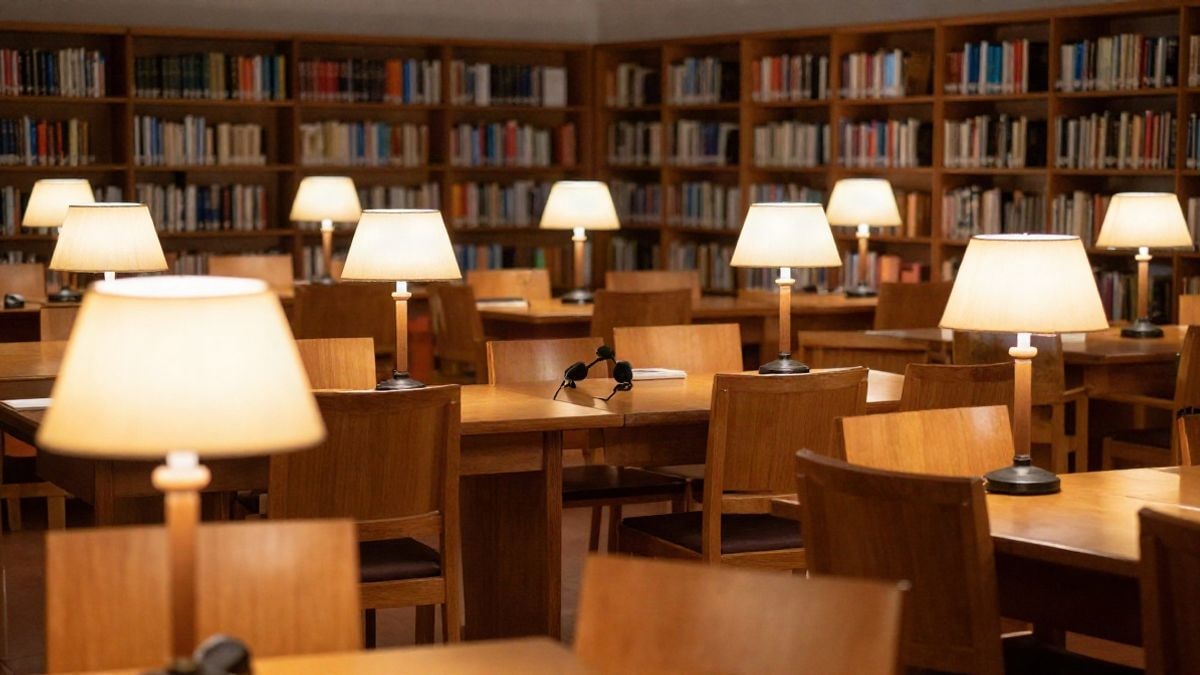Imagen ilustrativa: sala de biblioteca con sillas vacías y un atril bajo luz cálida