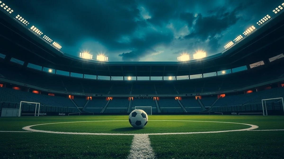 Imagen ilustrativa: un estadio de fútbol al atardecer con el césped vacío y un balón en el círculo central, iluminado por los focos.