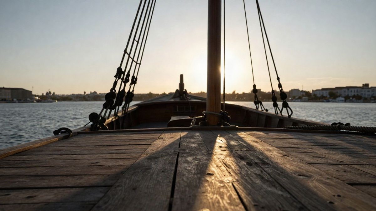 Imagen ilustrativa: casco de madera de un velero antiguo recortado al atardecer sobre un muelle