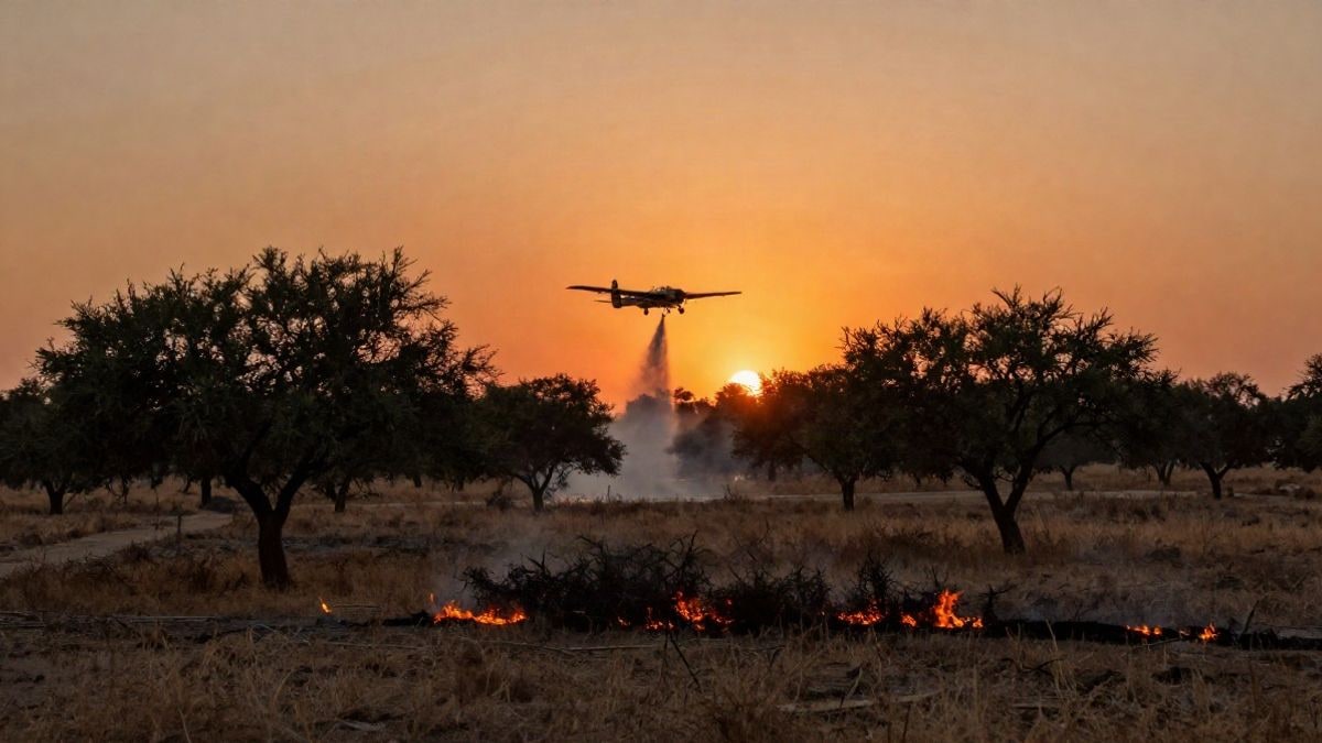 Imagen ilustrativa: avión de extinción de incendios en contraluz al atardecer sobre un paisaje de dehesa con humo