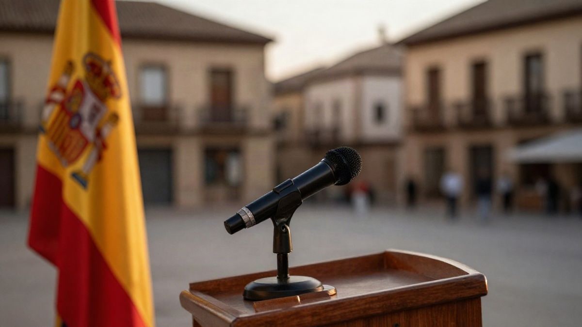 Imagen ilustrativa: un atril con micrófono en una plaza de pueblo con edificios antiguos al fondo