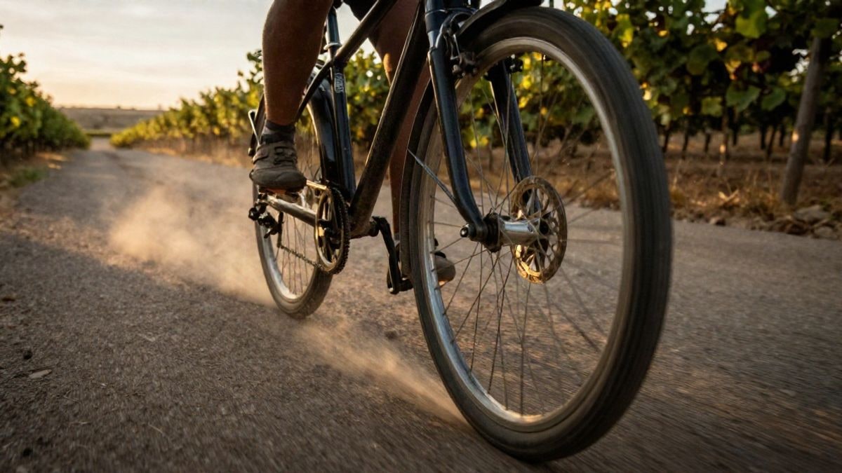 Imagen ilustrativa: rueda de bicicleta sobre carretera rural entre viñedos al atardecer, con luz cálida y desenfoque de movimiento.