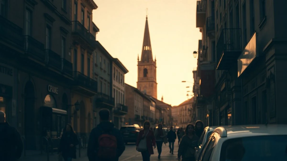 Imagen ilustrativa: calle de una ciudad española al atardecer con procesión de siluetas y velas, catedral al fondo.