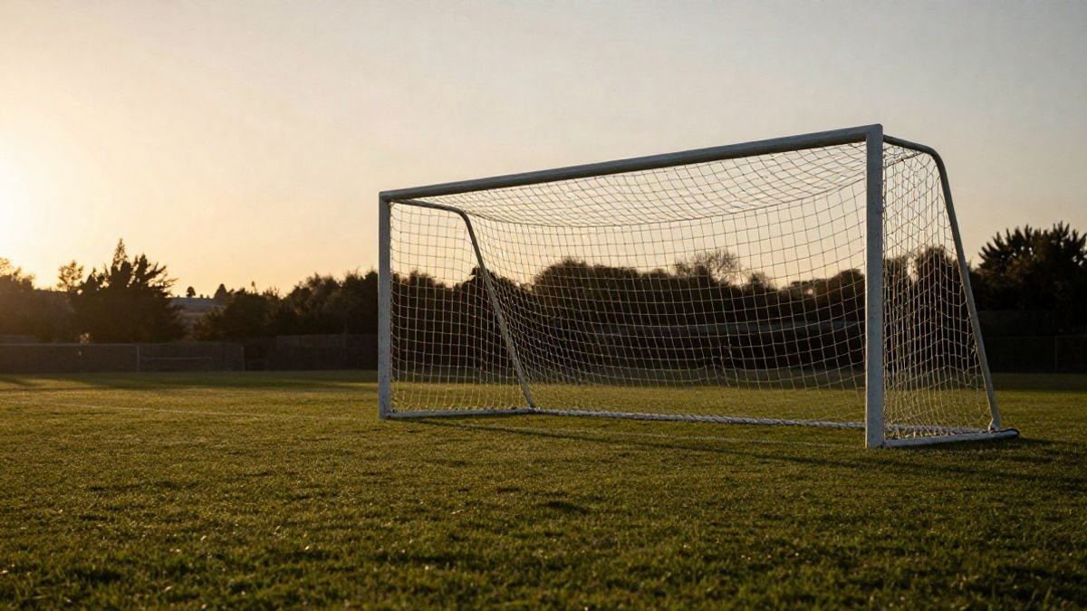 Imagen ilustrativa: portería de fútbol con la red iluminada a contraluz al atardecer sobre un campo vacío