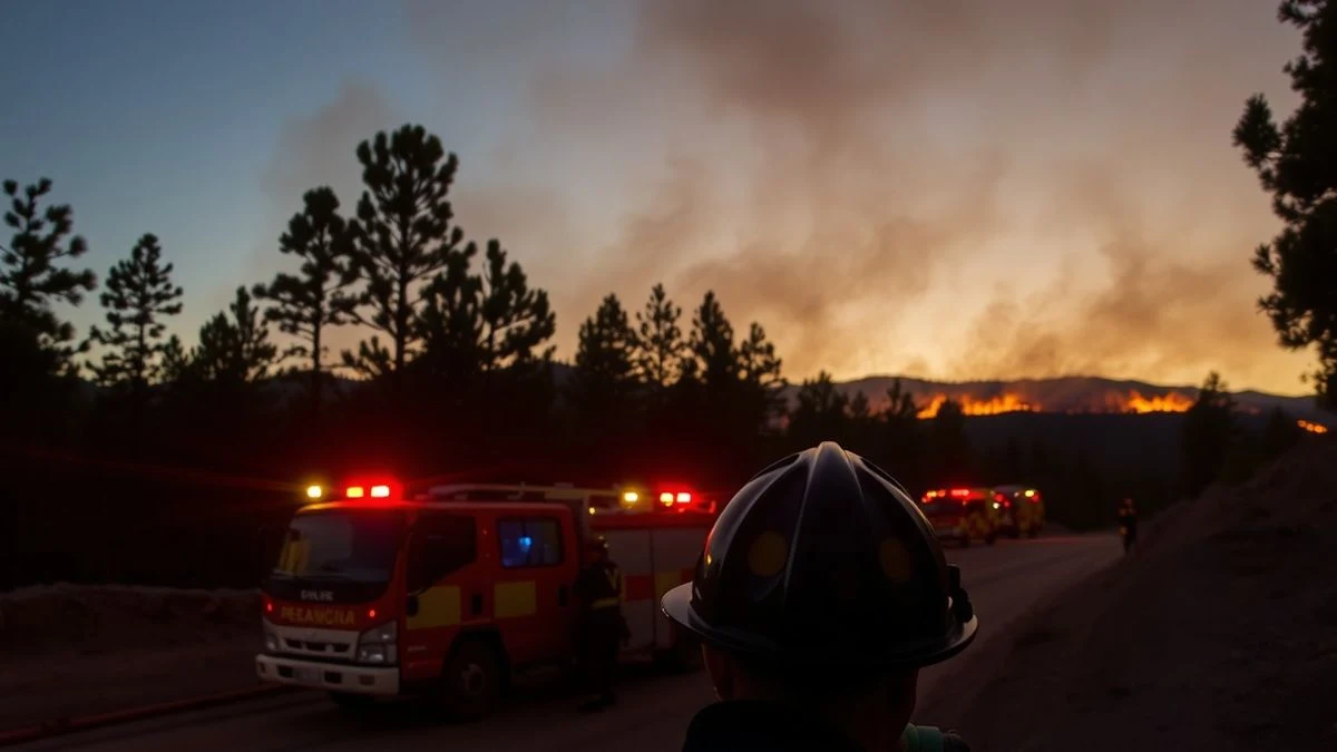 Imagen ilustrativa: un bosque de pinos al atardecer con una línea de fuego en la lejanía y humo elevándose, con vehículos de emergencia y bomberos trabajando en silueta.