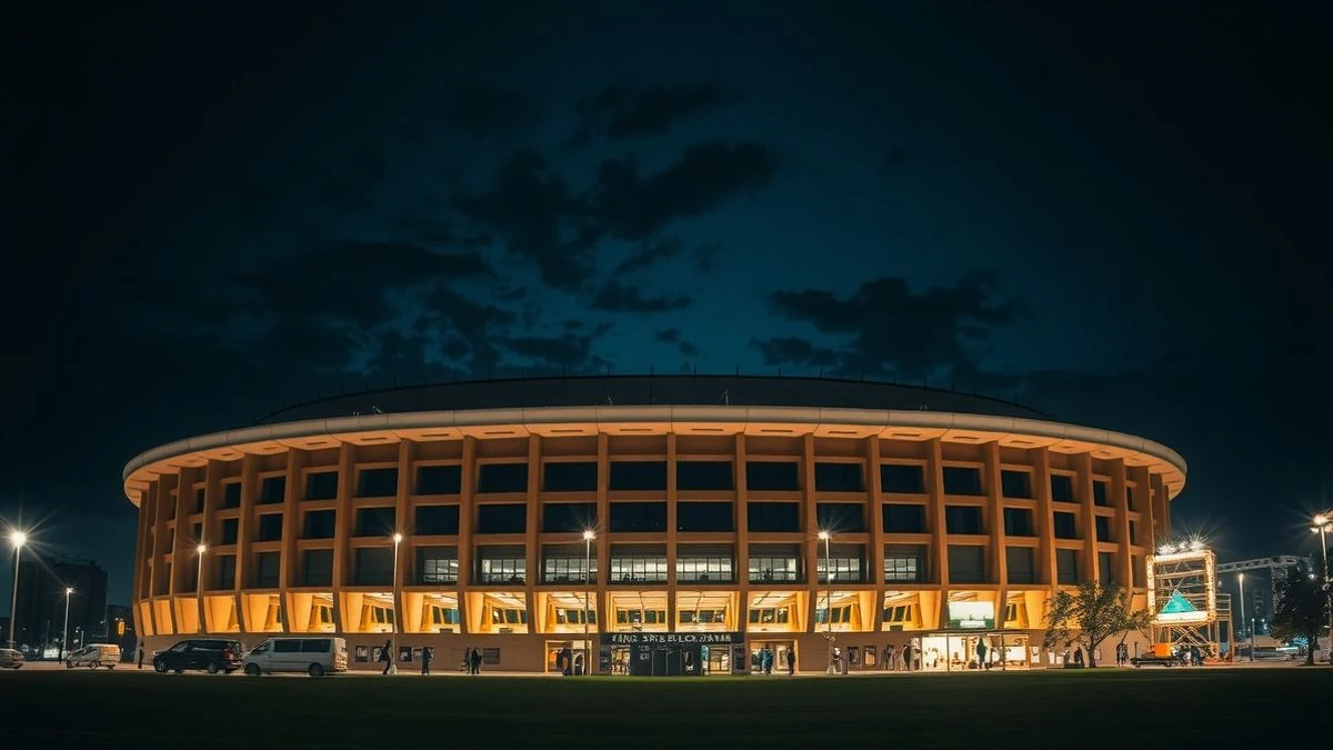 Imagen ilustrativa: vista nocturna del estadio Nuevo Colombino con focos encendidos y grúas de montaje de feria al fondo.