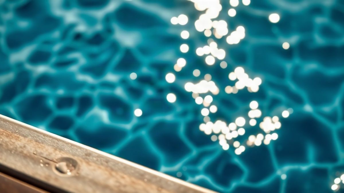 Imagen ilustrativa: primer plano del borde de un trampolín sobre el agua brillante de una piscina al sol