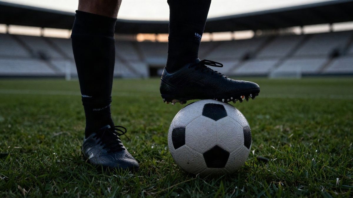 Imagen ilustrativa: botas de fútbol y balón sobre el césped de un campo vacío al atardecer