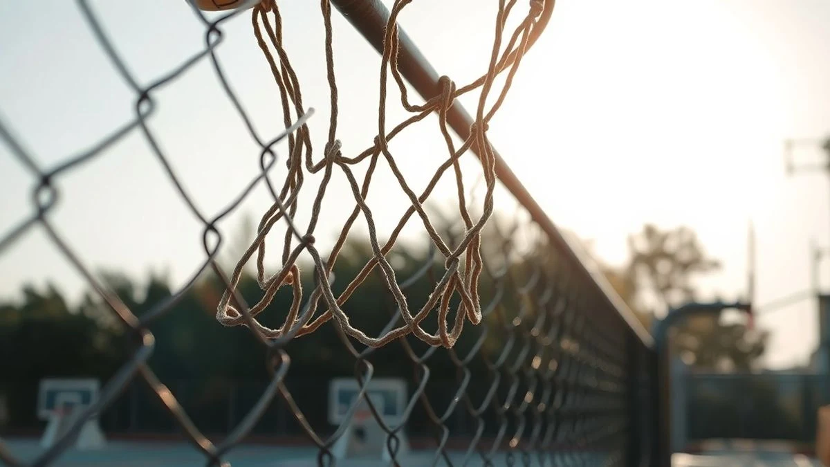 Primer plano de una red de baloncesto desgastada en una cancha vacía al atardecer