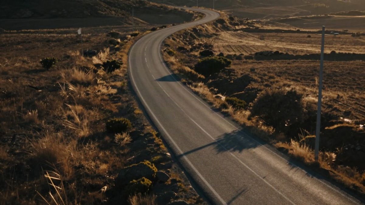 Imagen ilustrativa: vista cenital de una carretera rural de dos carriles entre campos secos al atardecer