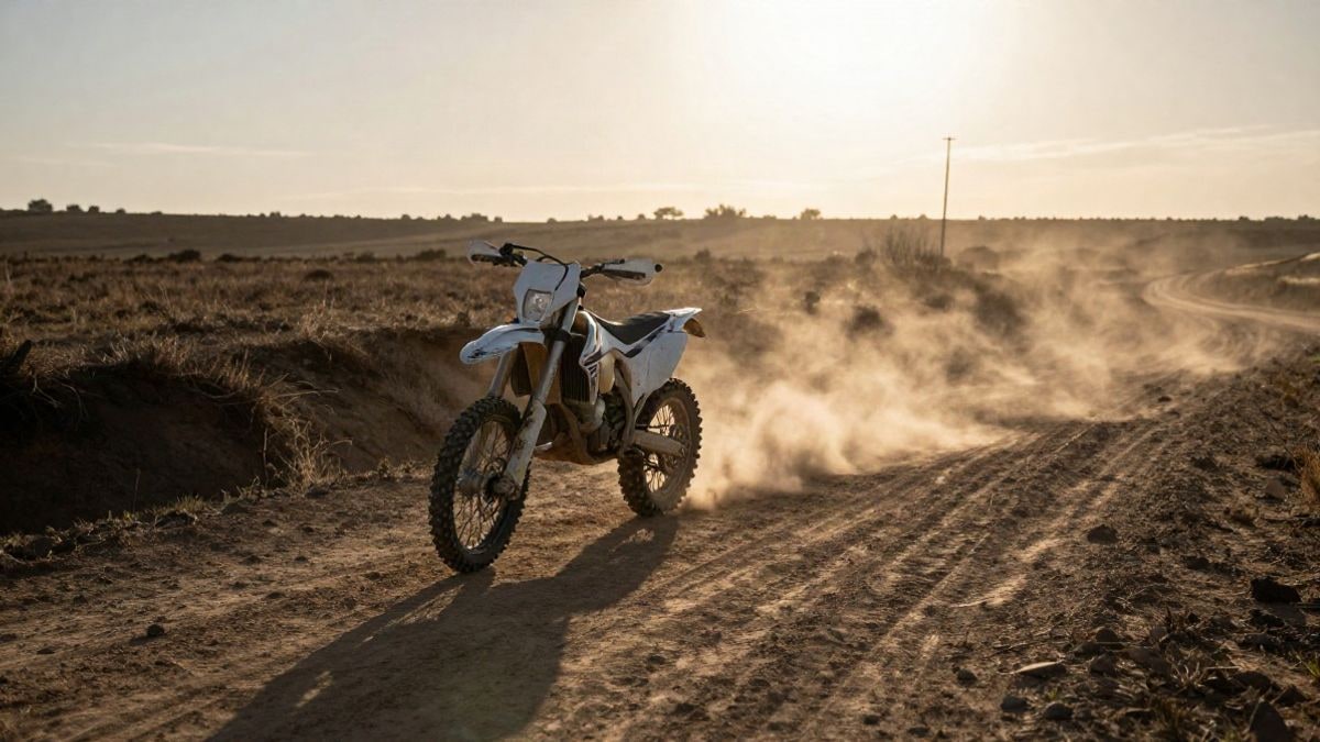 Imagen ilustrativa: moto de enduro en un sendero de tierra al atardecer con sombras alargadas