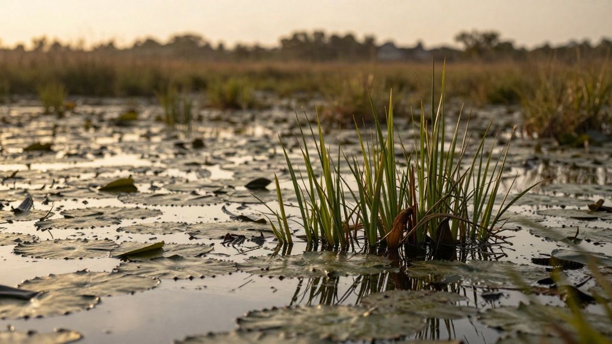 Imagen ilustrativa: detalle de vegetación y agua somera en un humedal al atardecer