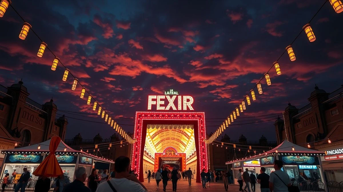 Portada iluminada de la feria de las Colombinas con casetas y farolillos al fondo