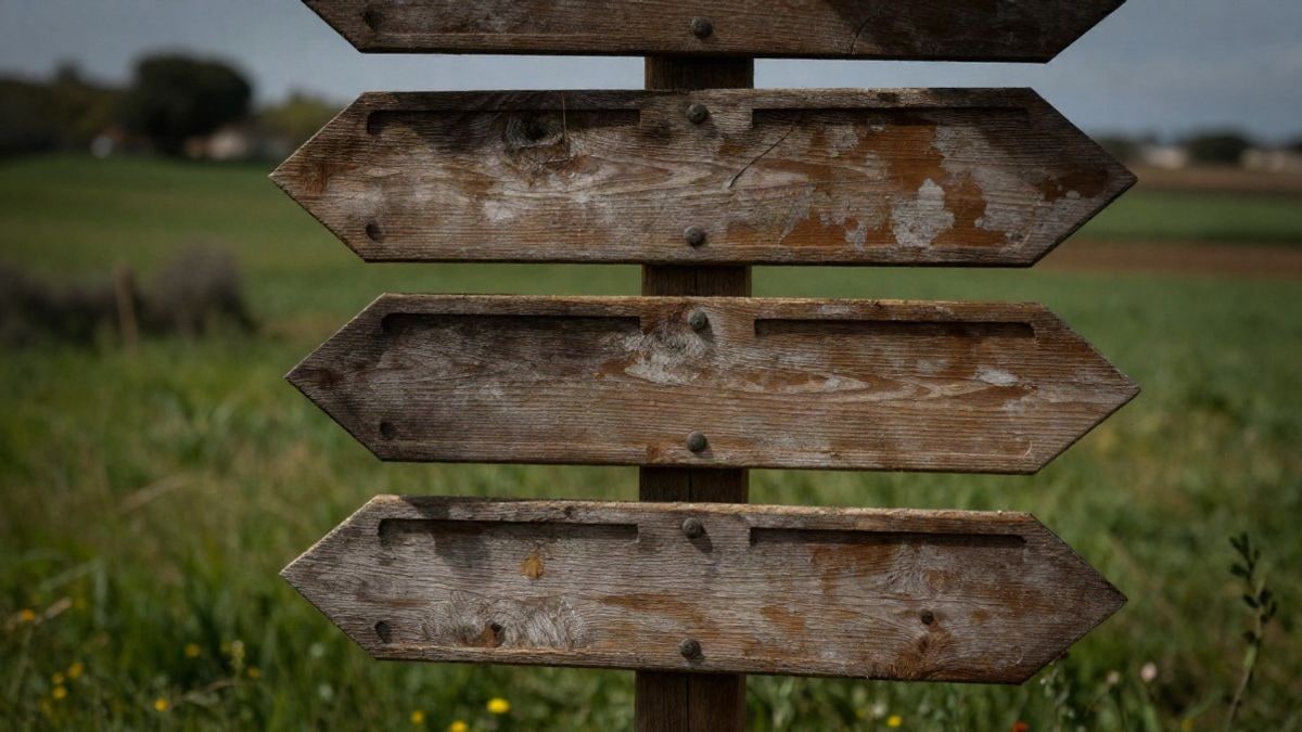 Imagen ilustrativa: poste de madera con flechas indicadoras en un entorno rural verde