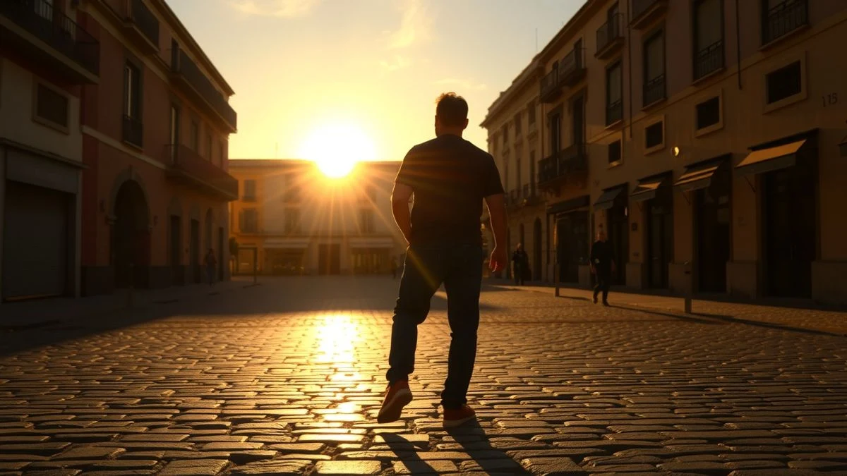 Silueta de una madre con un bebé al atardecer en una plaza de un pueblo español